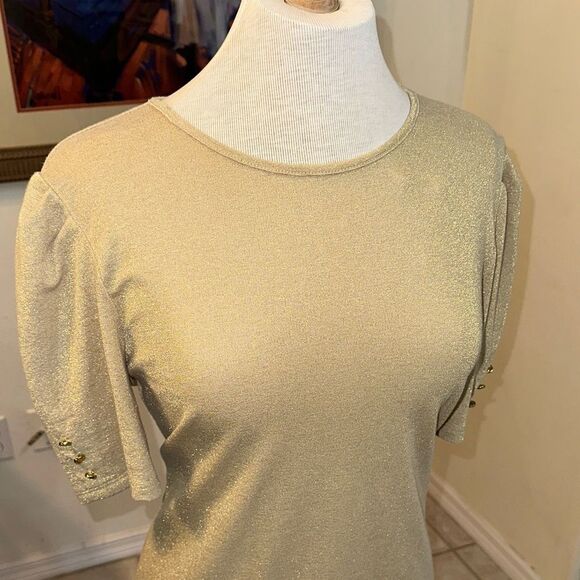 Liz Claiborne Gold Shimmer Puff Sleeve Top w/ Button Embellishments Size Medium - Picture 5 of 11